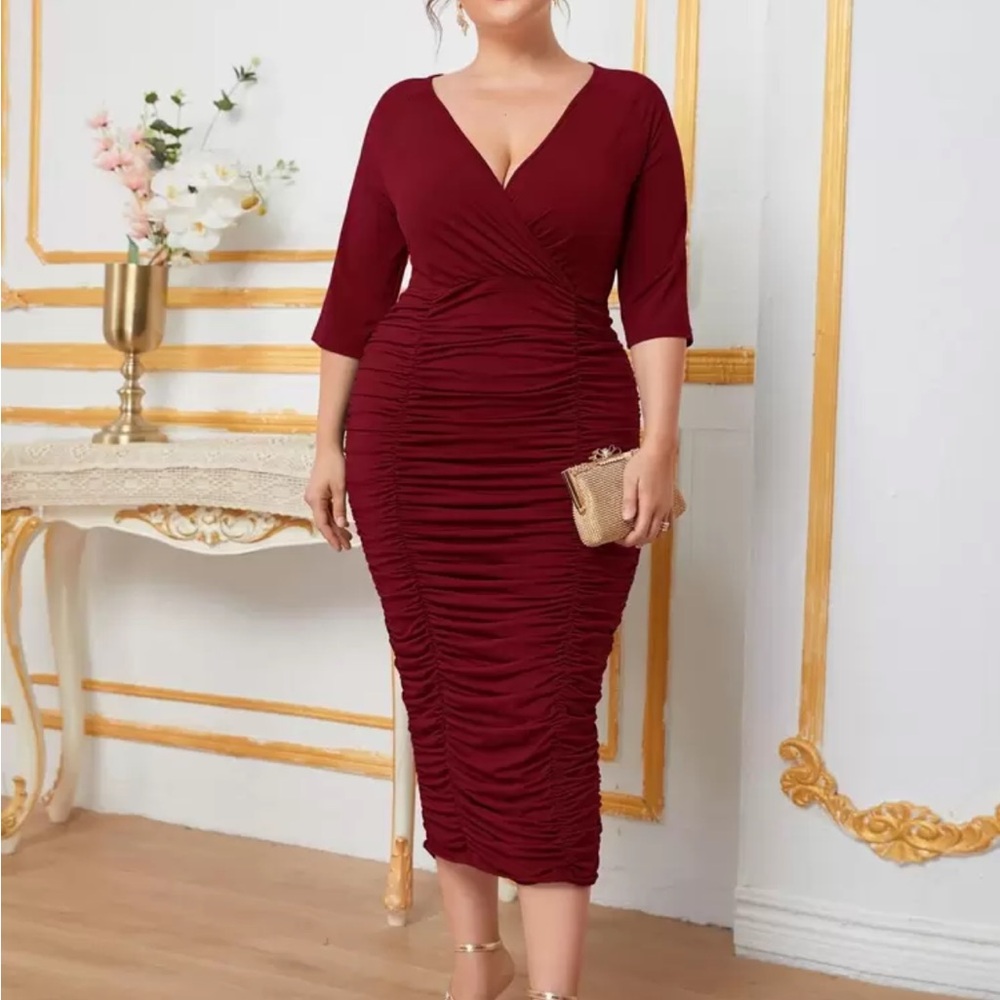 SHEIN Red Long Sleeve Ruched Dress